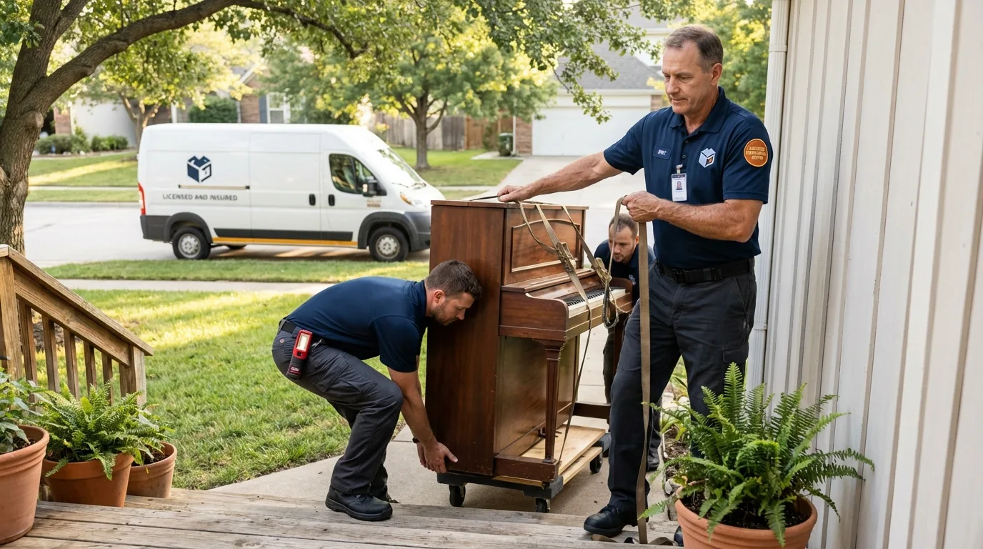 Licensed piano movers securing grand piano in Aguas Buenas, PR