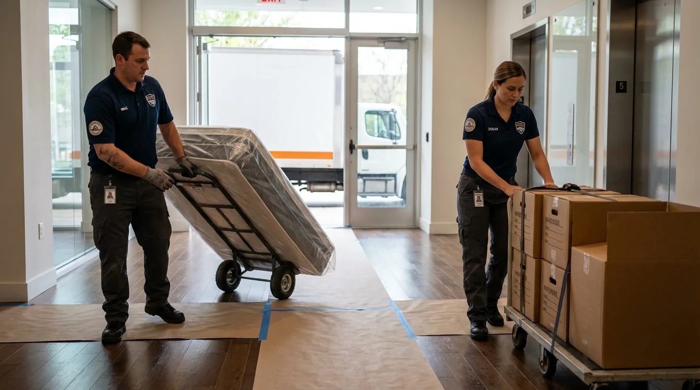 Professional apartment movers loading elevator in Aguas Buenas, PR