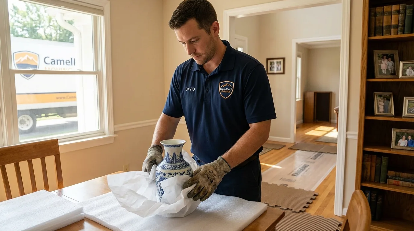 Professional crew carefully wrapping antique vase for senior downsizing move in Aguas Buenas, PR