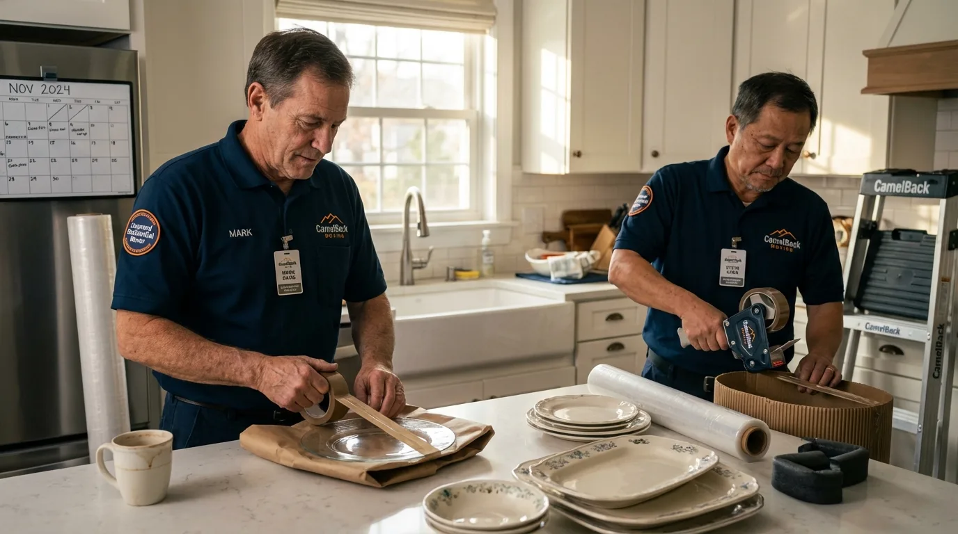 Professional crew packing kitchen dishware in Aguas Buenas, PR